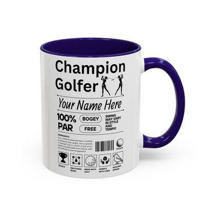 Mug with 'Champion Golfer' design and customizable text on a white background