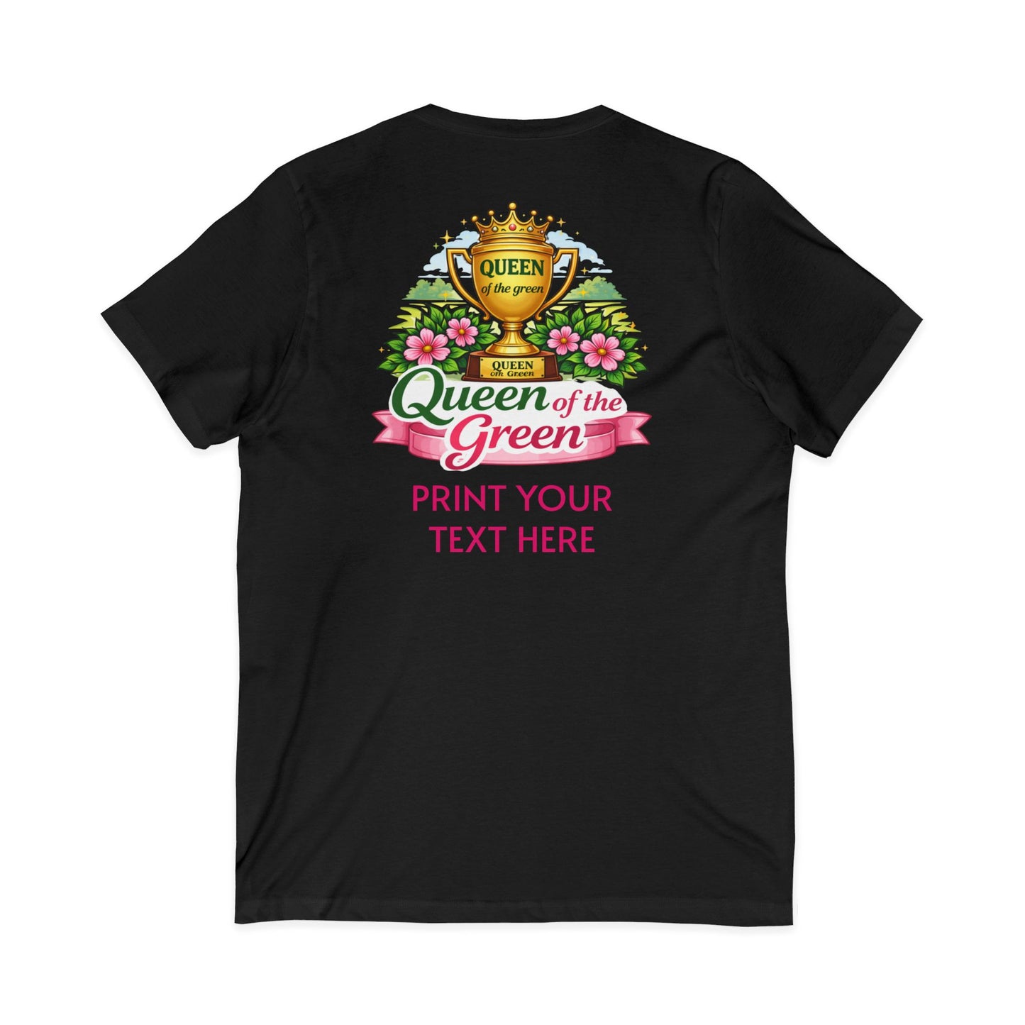 Black t-shirt with 'Queen of the Green' graphic design on a white background