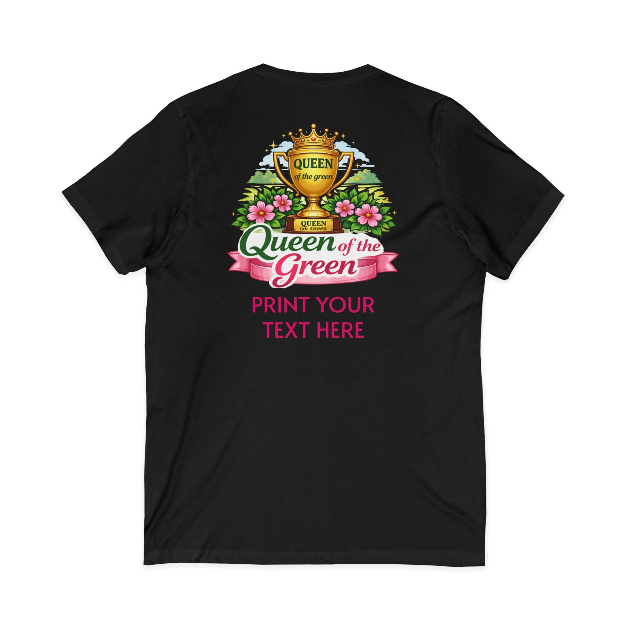 Black t-shirt with 'Queen of the Green' graphic design on a white background