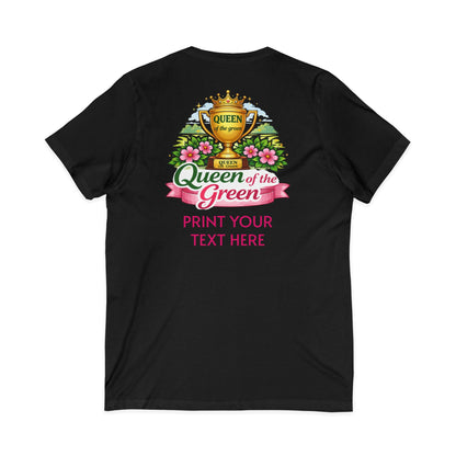 Black t-shirt with 'Queen of the Green' graphic design on a white background