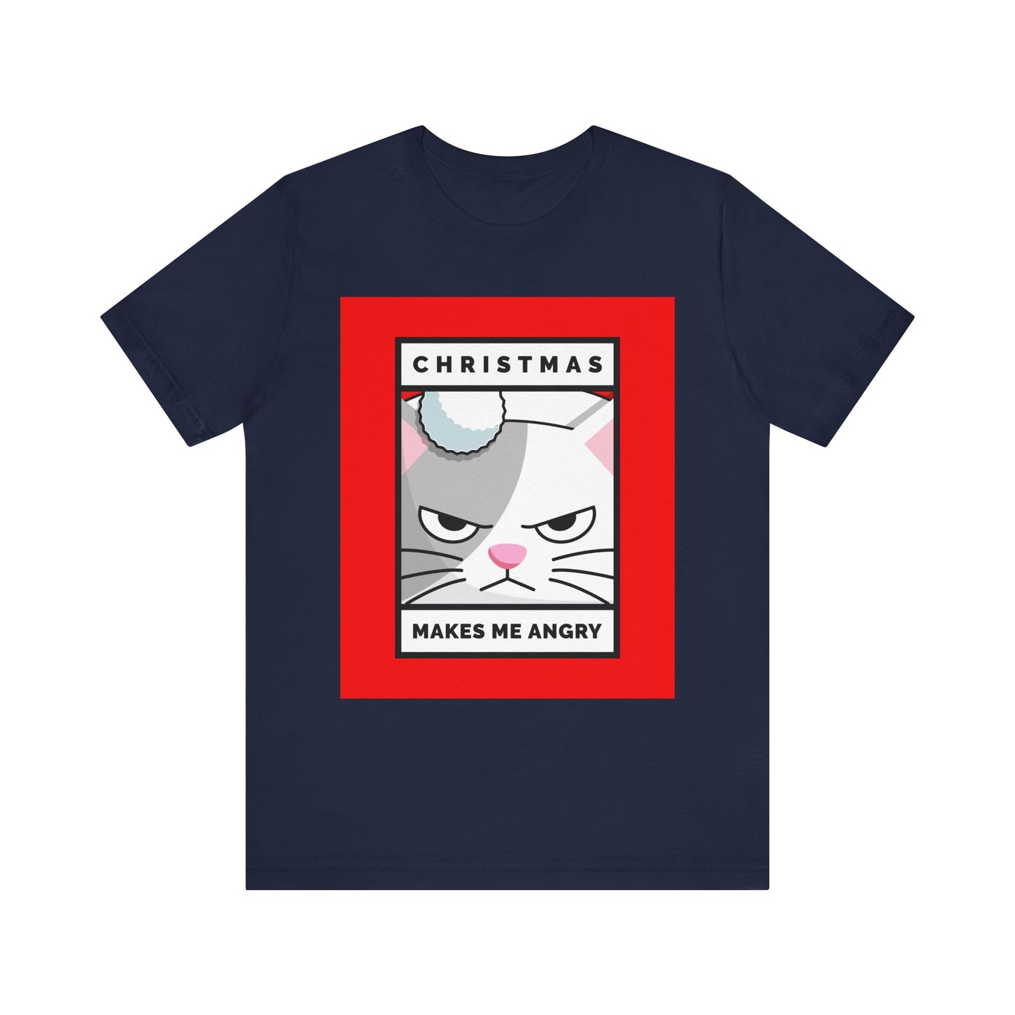 Navy blue t-shirt with a graphic of an angry cat and text on a white background