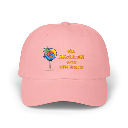 Pink cap with St. Maarten Golf Association logo on a white background