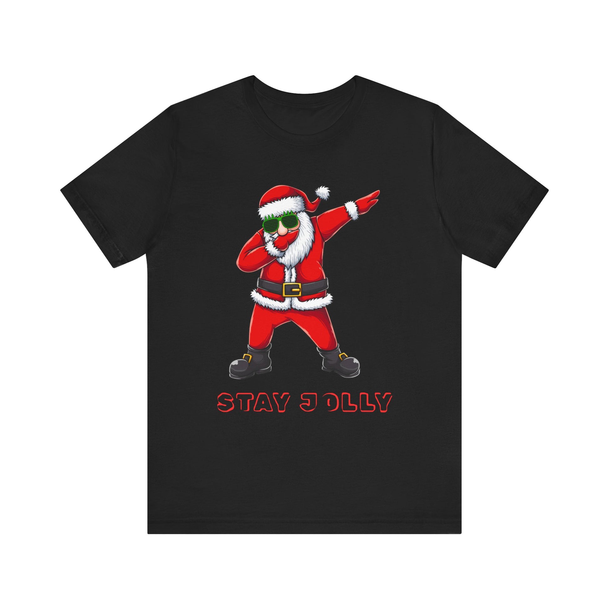 Black t-shirt with a cartoon Santa Claus dabbing and 'Stay Jolly' text on a white background