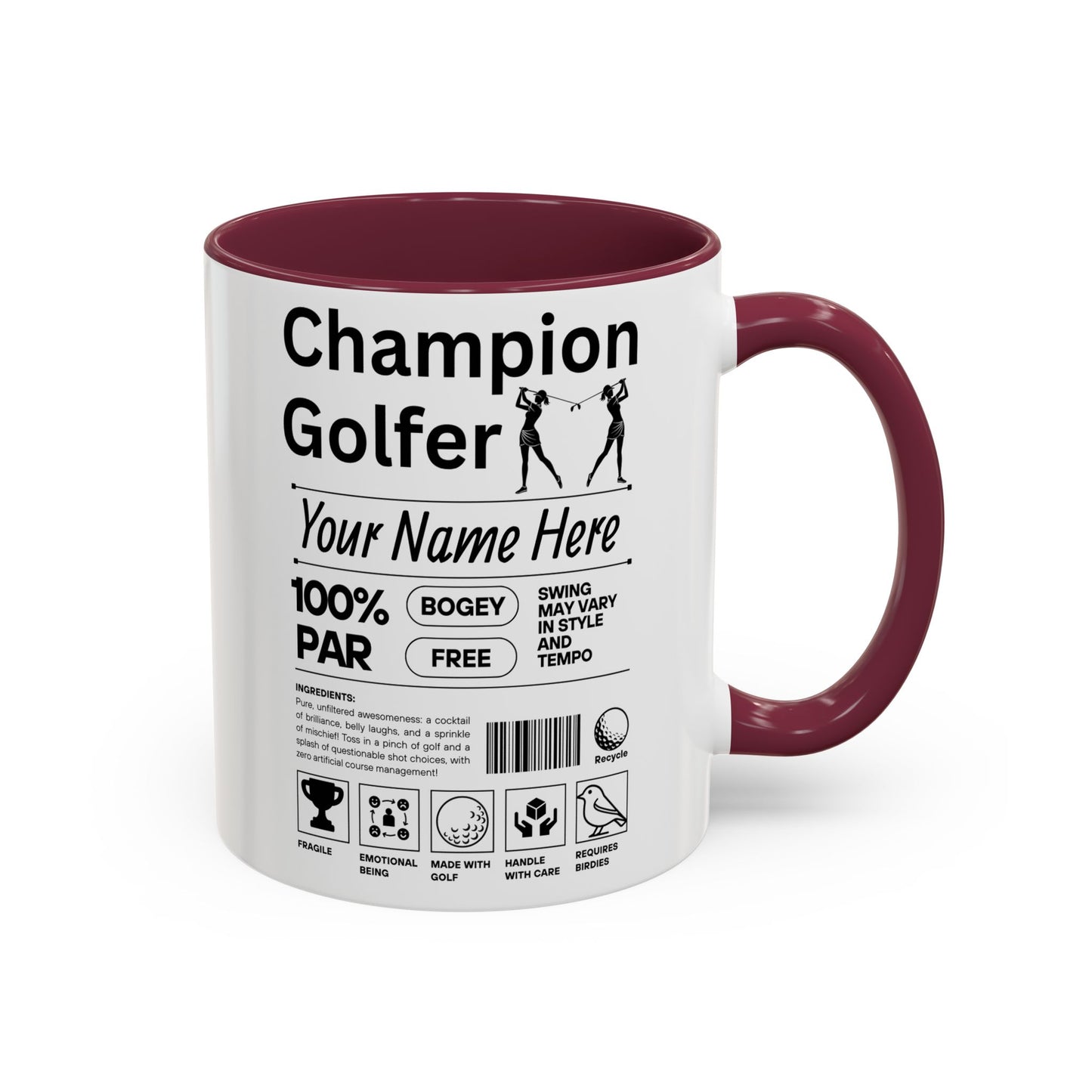 Mug with 'Champion Golfer' design on a white background and maroon mug. 