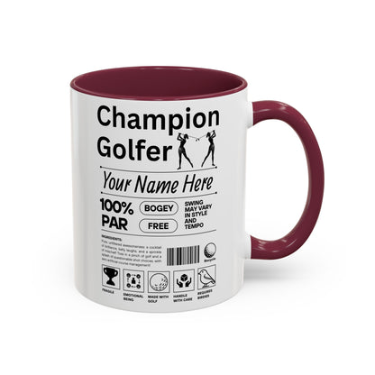 Mug with 'Champion Golfer' design on a white background and maroon mug. 