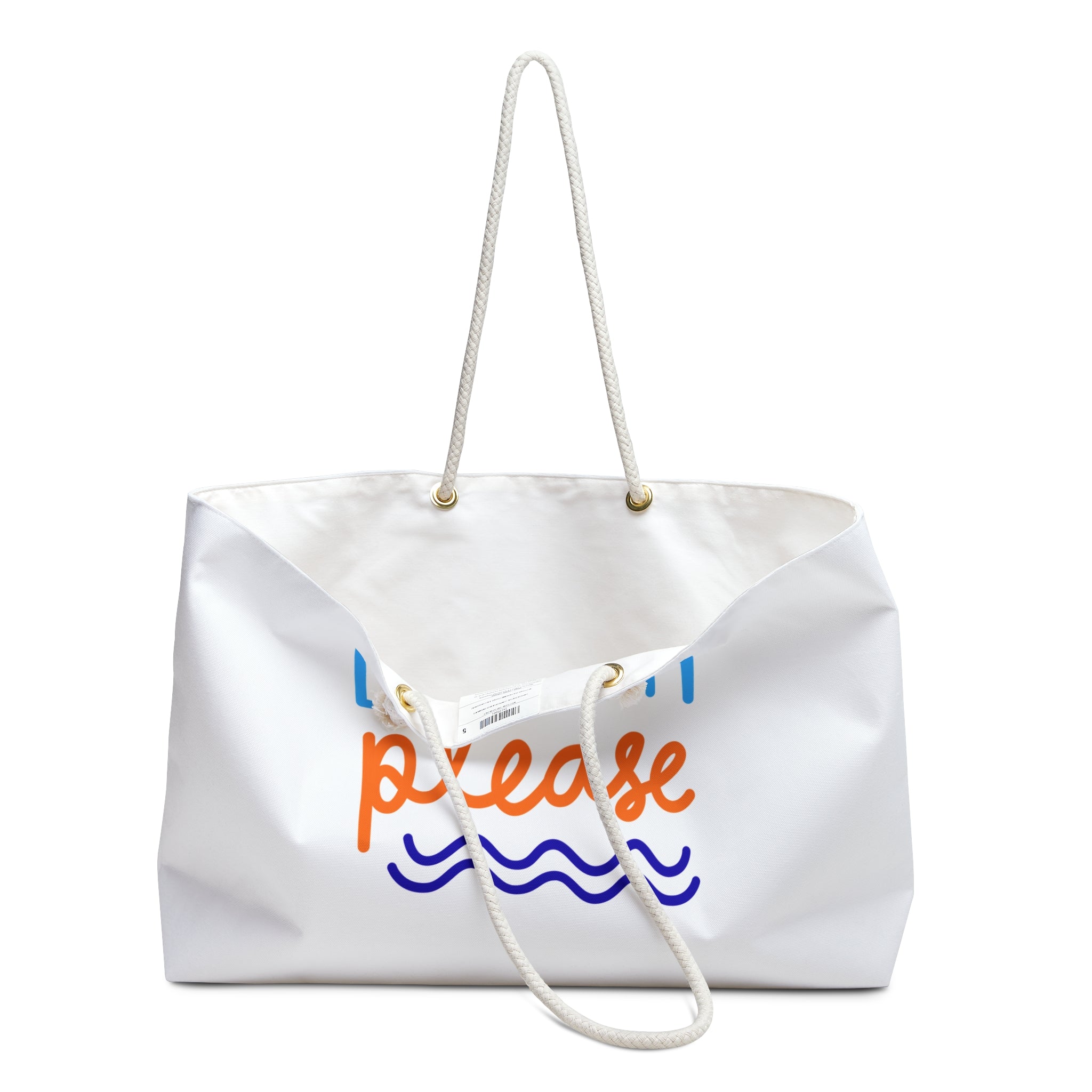 White canvas weekender tote with rope handles, angled view showing the interior and 'please' script, on a white background
