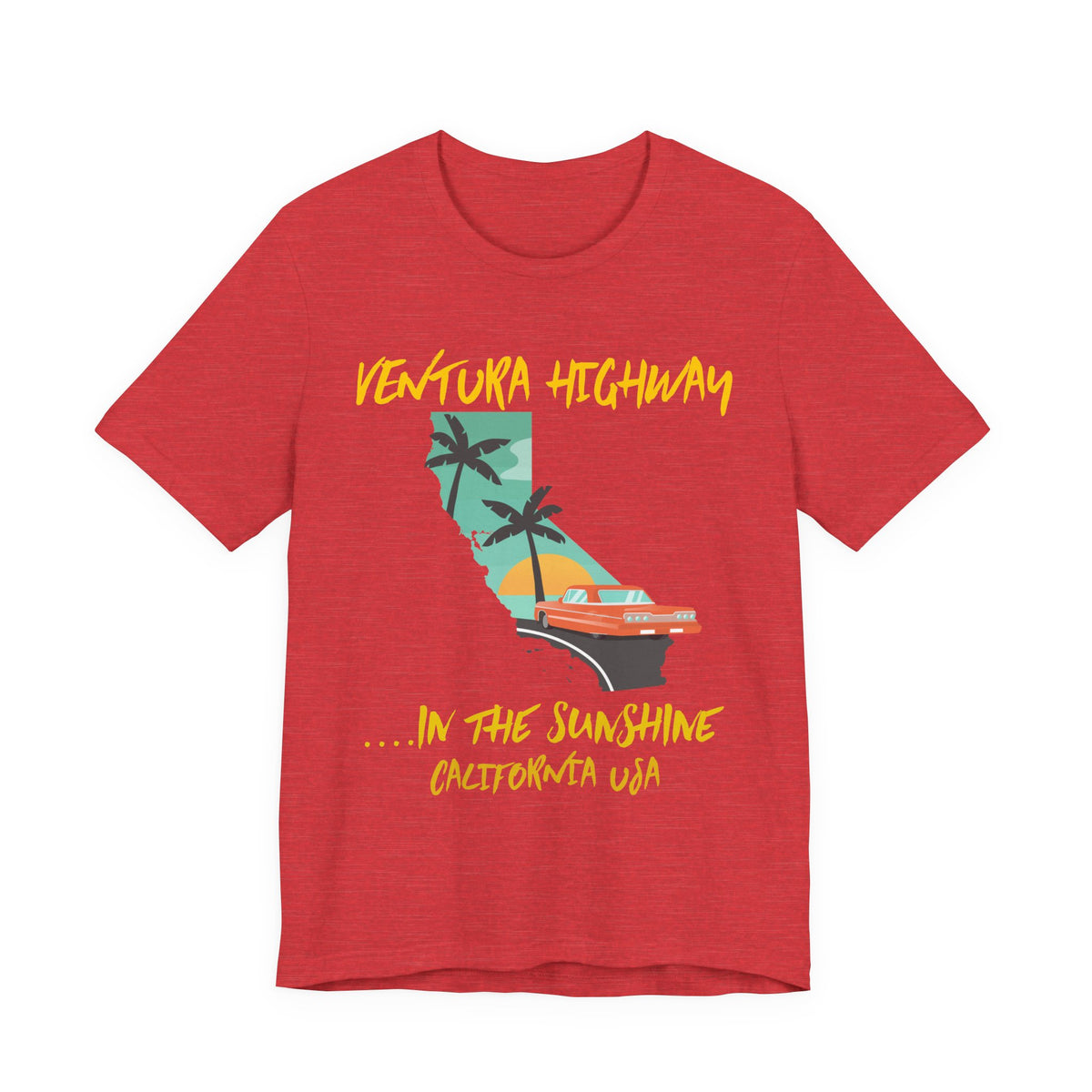 Heather red t-shirt with a 'Ventura Highway in the Sunshine, California USA' graphic featuring the California map, palm trees, and a red convertible, on a white background