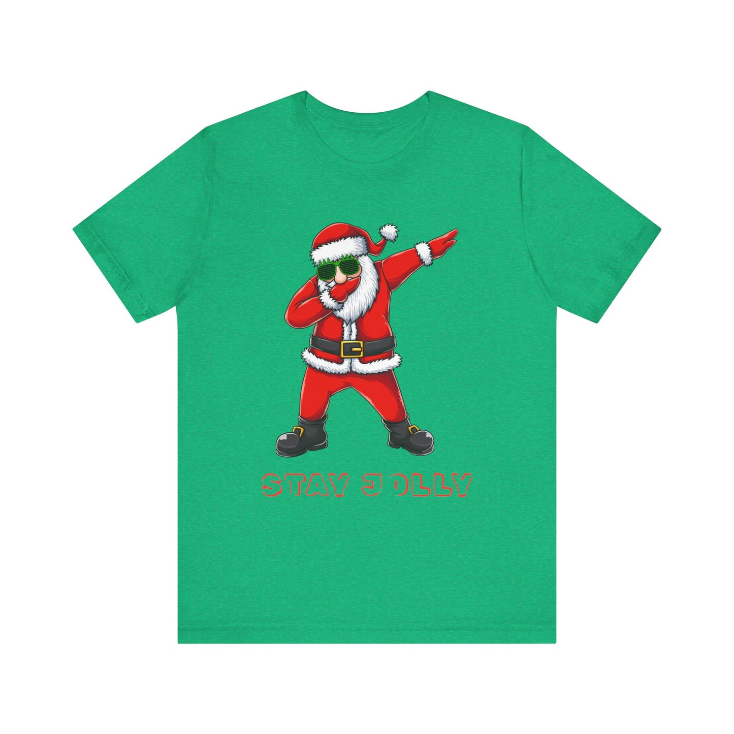 Green t-shirt with a graphic of a dabbing Santa Claus and text 'Stay Dilly' on a white background.