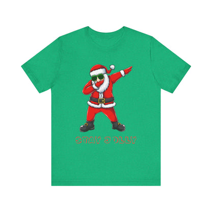 Green t-shirt with a graphic of a dabbing Santa Claus and text 'Stay Dilly' on a white background.