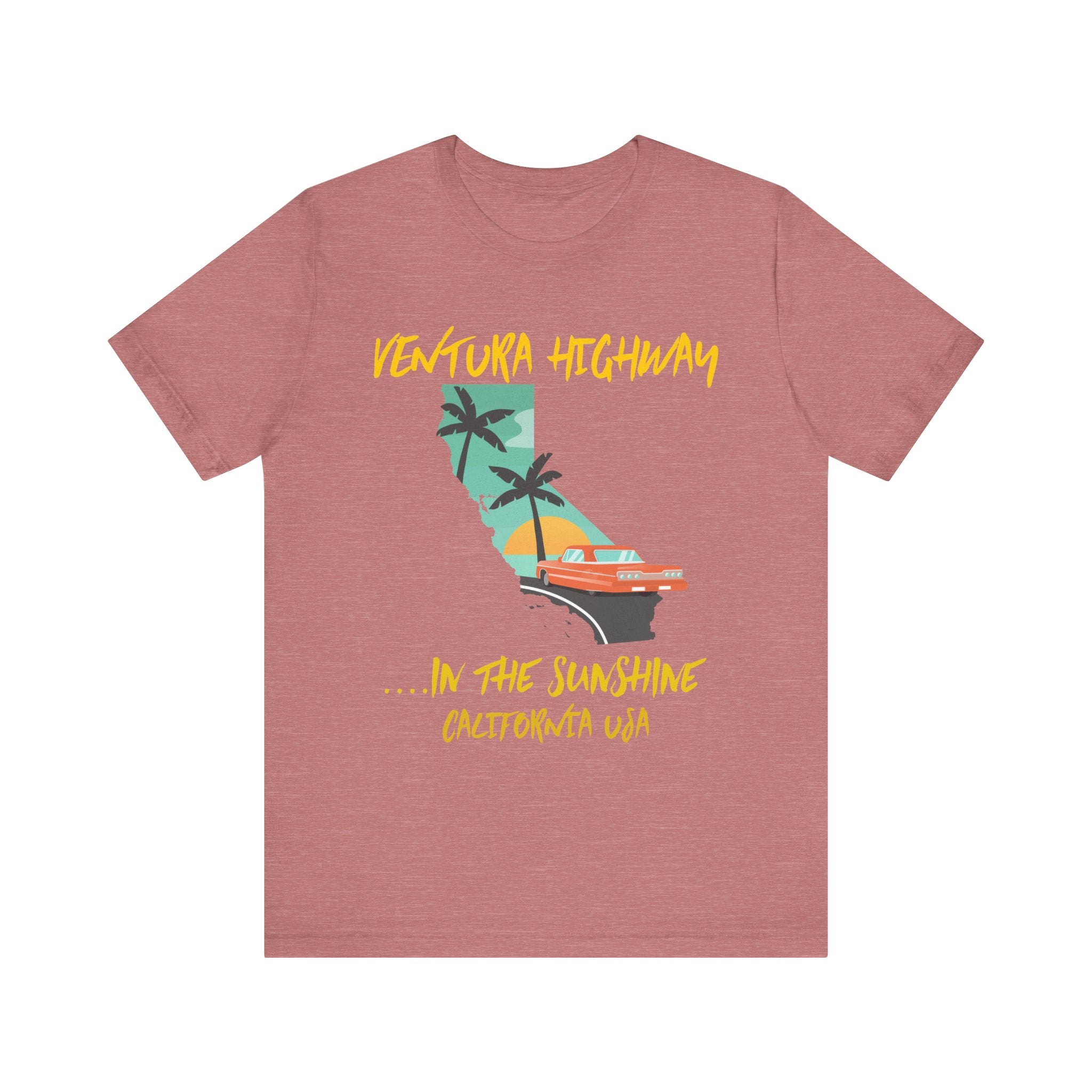 Red t-shirt with a graphic design of California and text on a white background