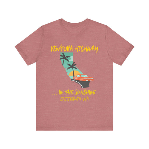 Red t-shirt with a graphic design of California and text on a white background