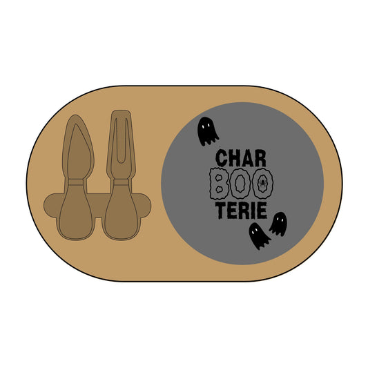 Oval-shaped cutting board with ghost-themed text and cut-out shapes on a white background