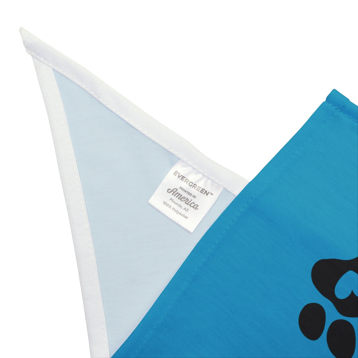Blue bandana with a black paw print and a white triangle on a light blue background, featuring a brand label.