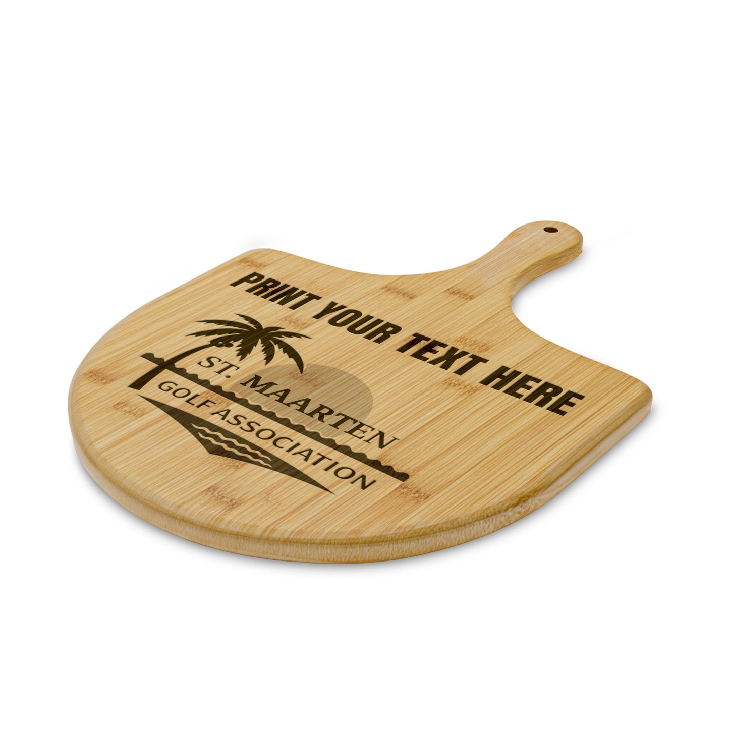 Wooden paddle board with engraved text and logo on a white background