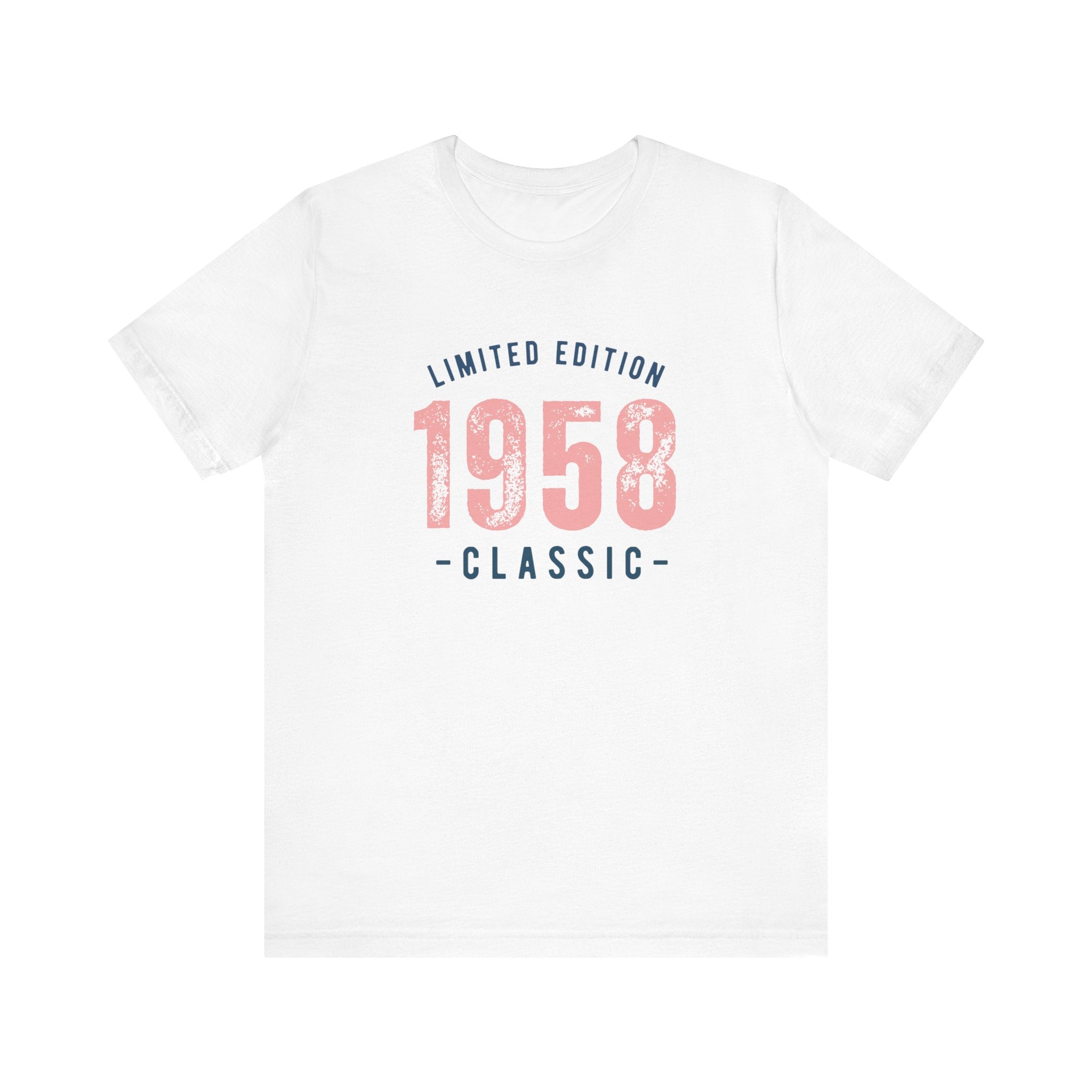 White t-shirt with a 'Limited Edition 1958 Classic' graphic in navy and coral, on a white background