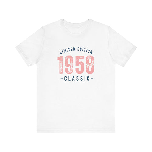 White t-shirt with a 'Limited Edition 1958 Classic' graphic in navy and coral, on a white background