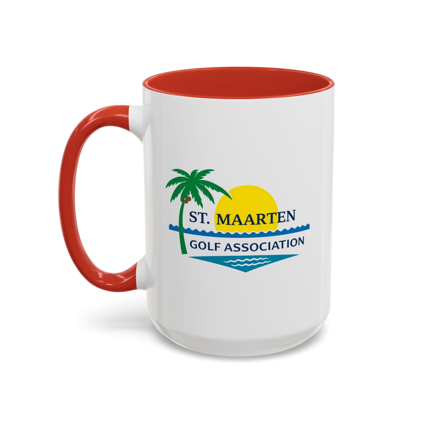White mug with red handle featuring St. Maarten Golf Association logo on a white background