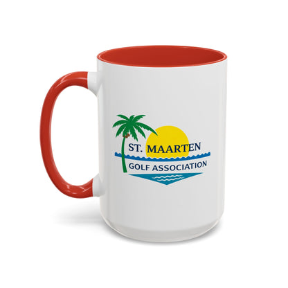 White mug with red handle featuring St. Maarten Golf Association logo on a white background