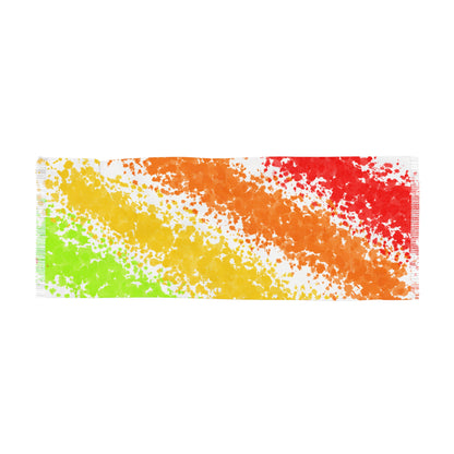 Colorful striped towel with orange, yellow, and red pattern on a white background