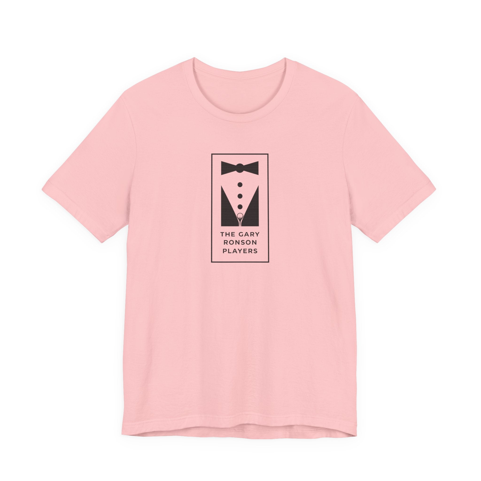 Pink t-shirt with a black-and-white tuxedo graphic and 'The Gary Ronson Players' text, on a white background