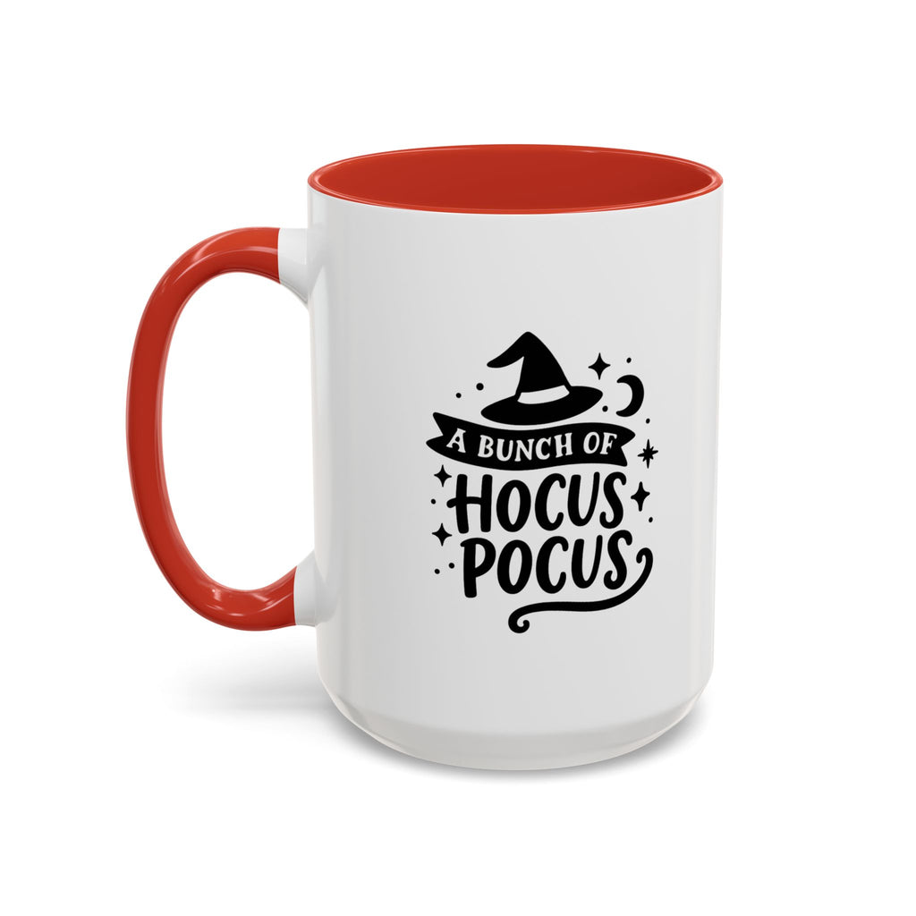 White two-tone coffee mug with a red handle and interior and a black 'A Bunch of Hocus Pocus' witch-hat design, on a white background