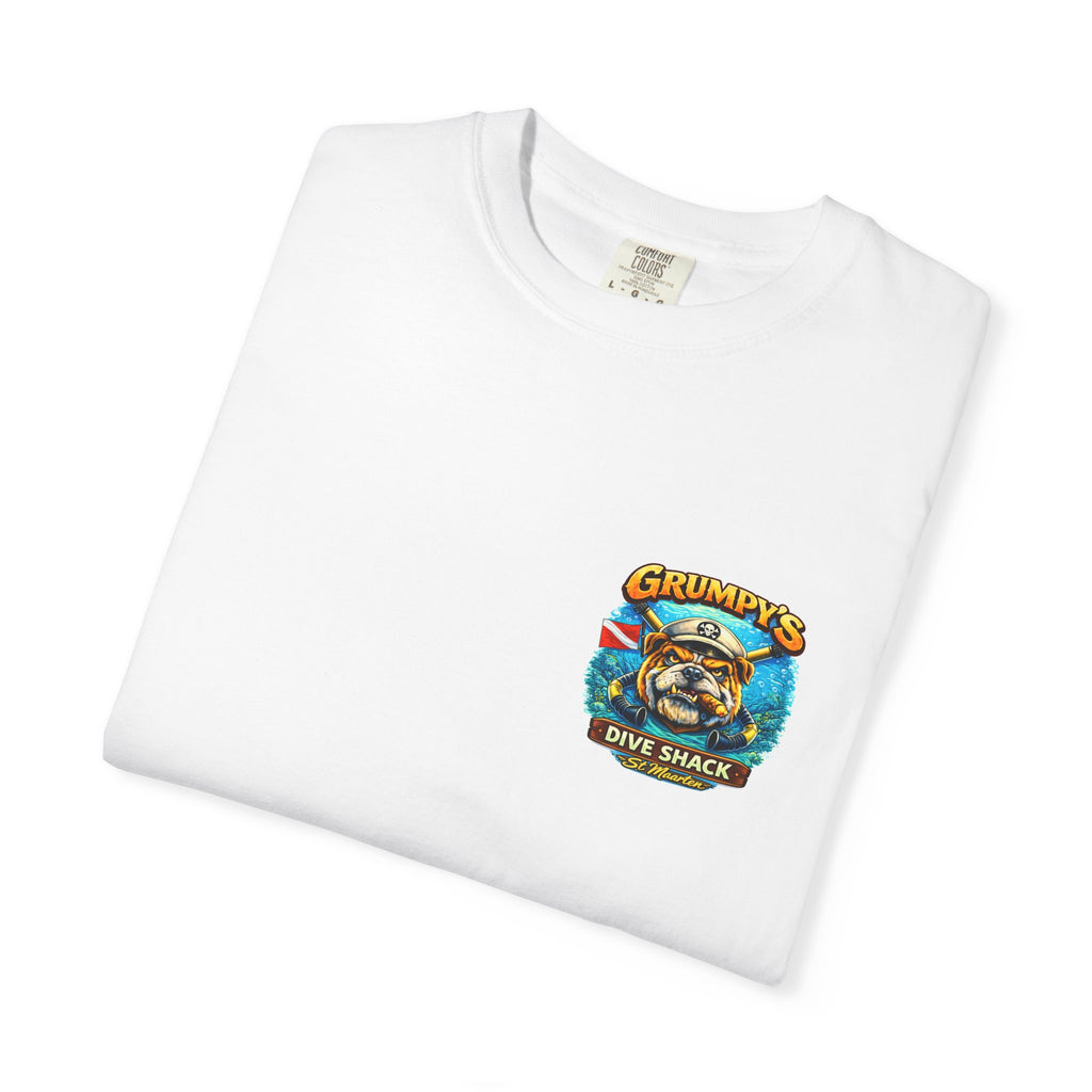 Folded white t-shirt showing the Grumpy's Dive Shack chest logo, on a white background