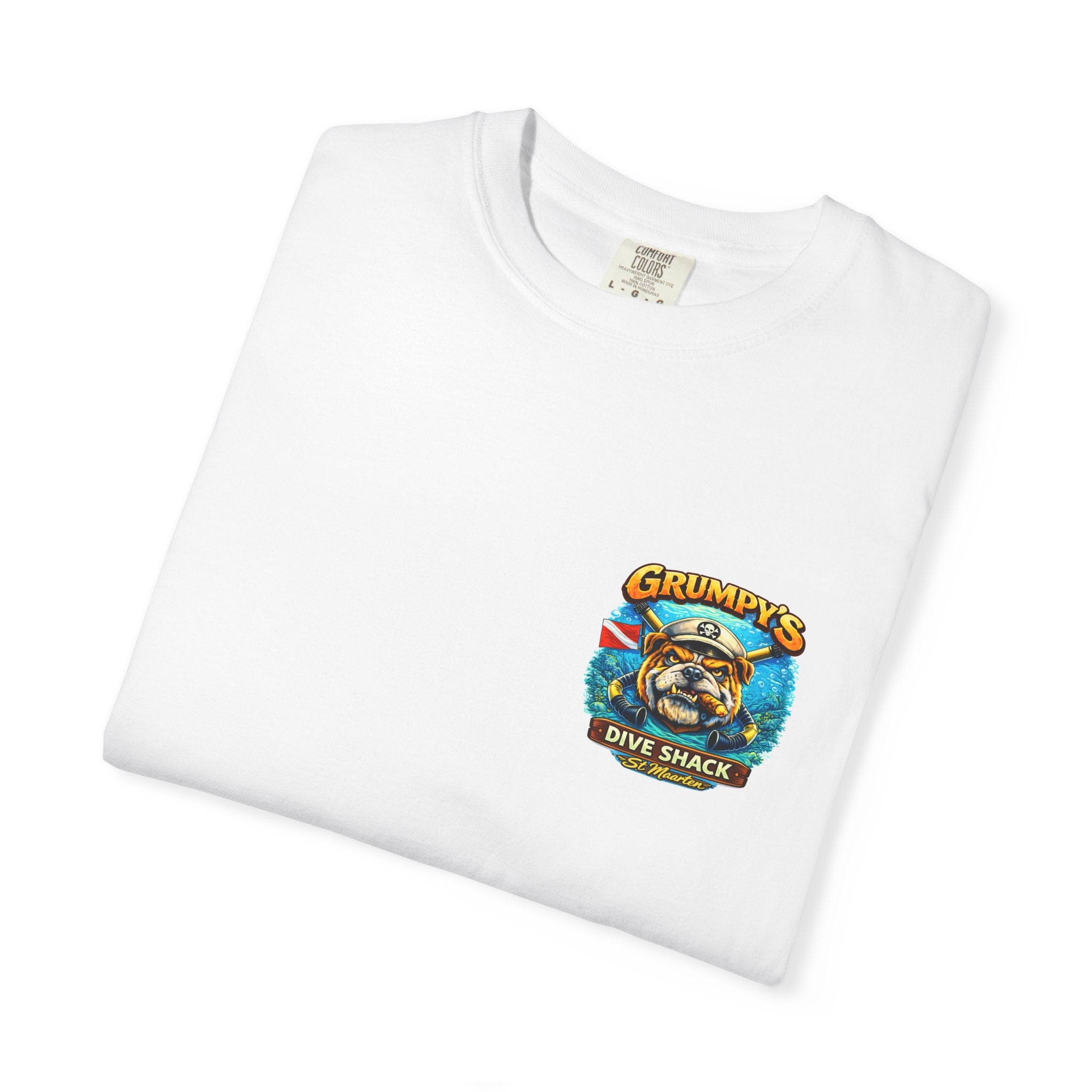 Folded white t-shirt showing the Grumpy's Dive Shack chest logo, on a white background