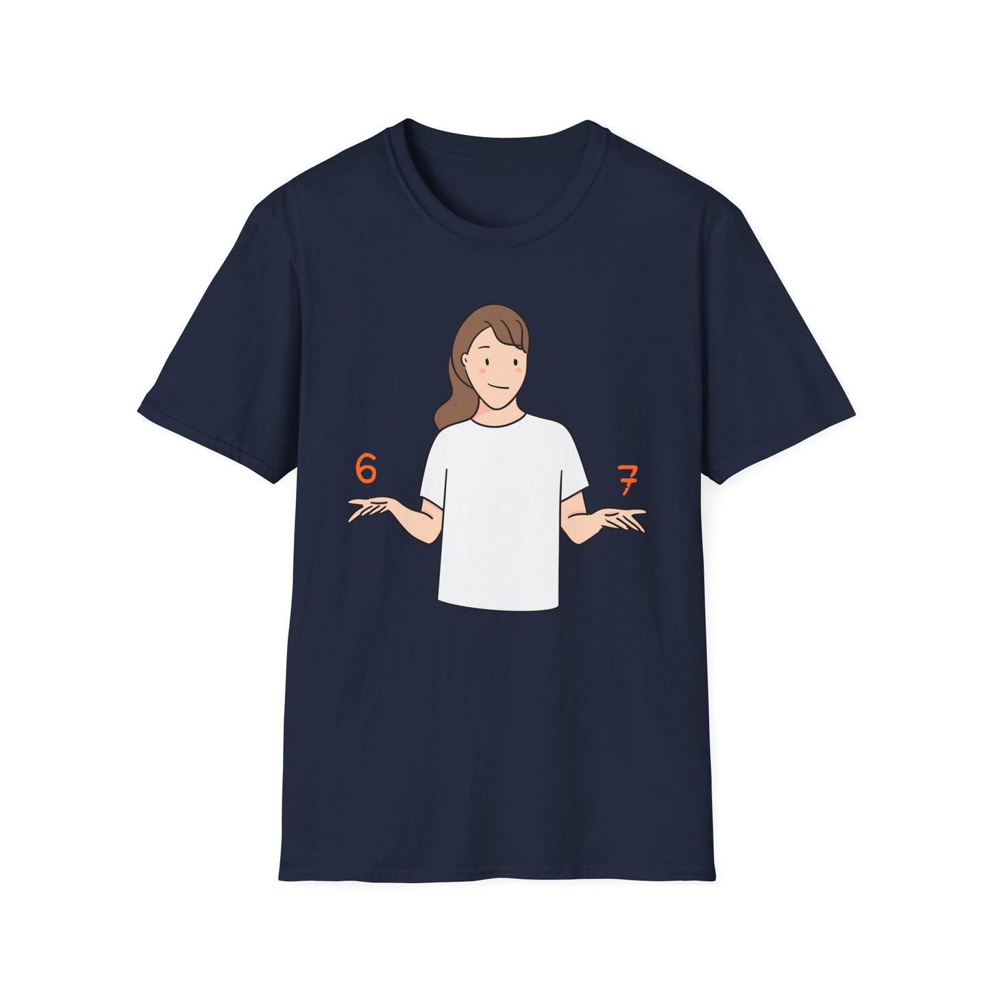Navy blue t-shirt with a graphic of a person holding hands at chest level on a white background