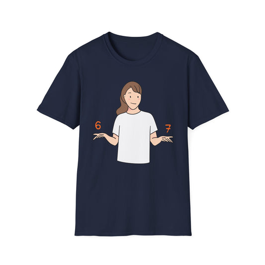 Navy blue t-shirt with a graphic of a person holding hands at chest level on a white background