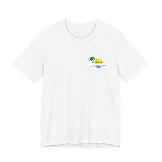White t-shirt with a logo on the chest against a white background