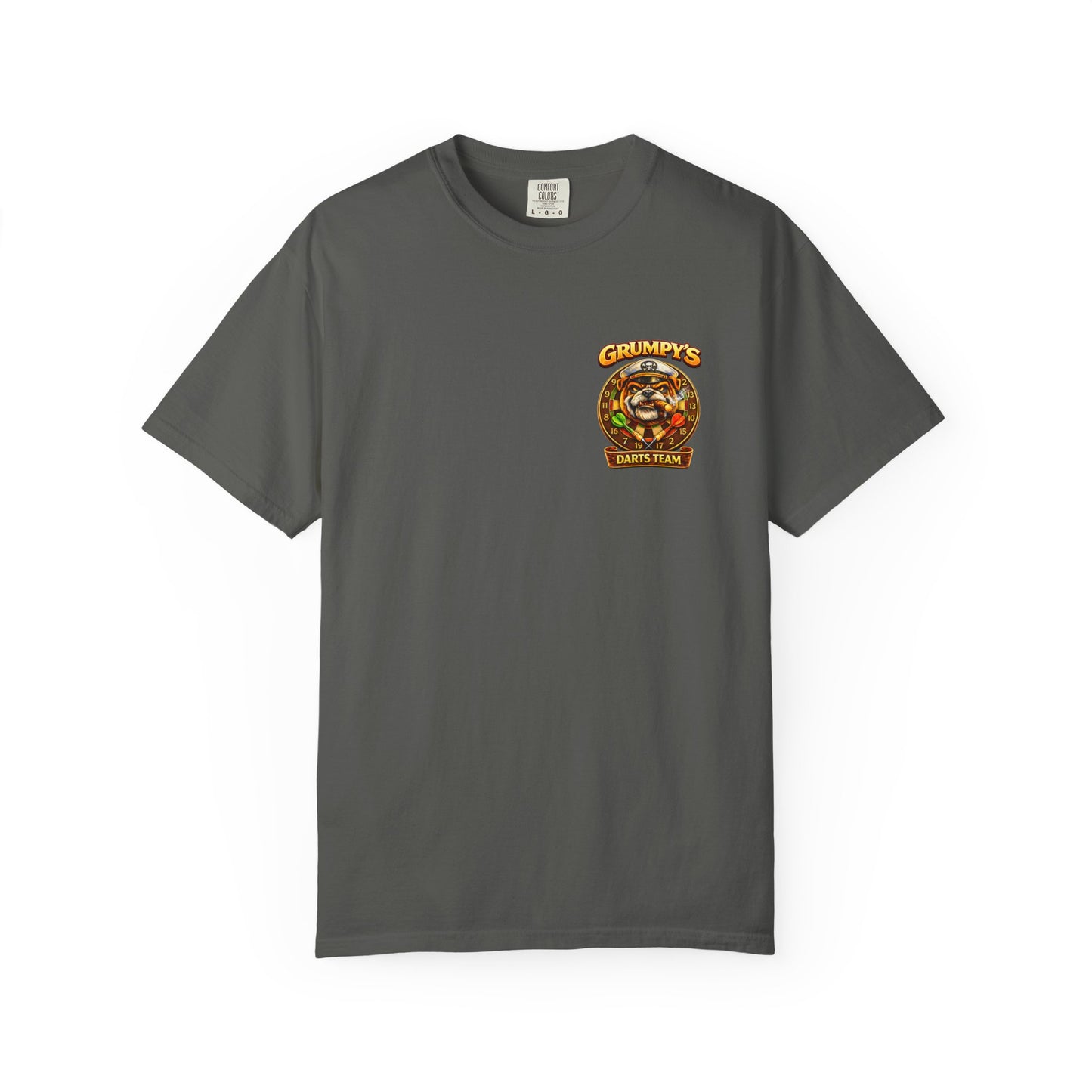Gray t-shirt with a logo on the chest against a white background