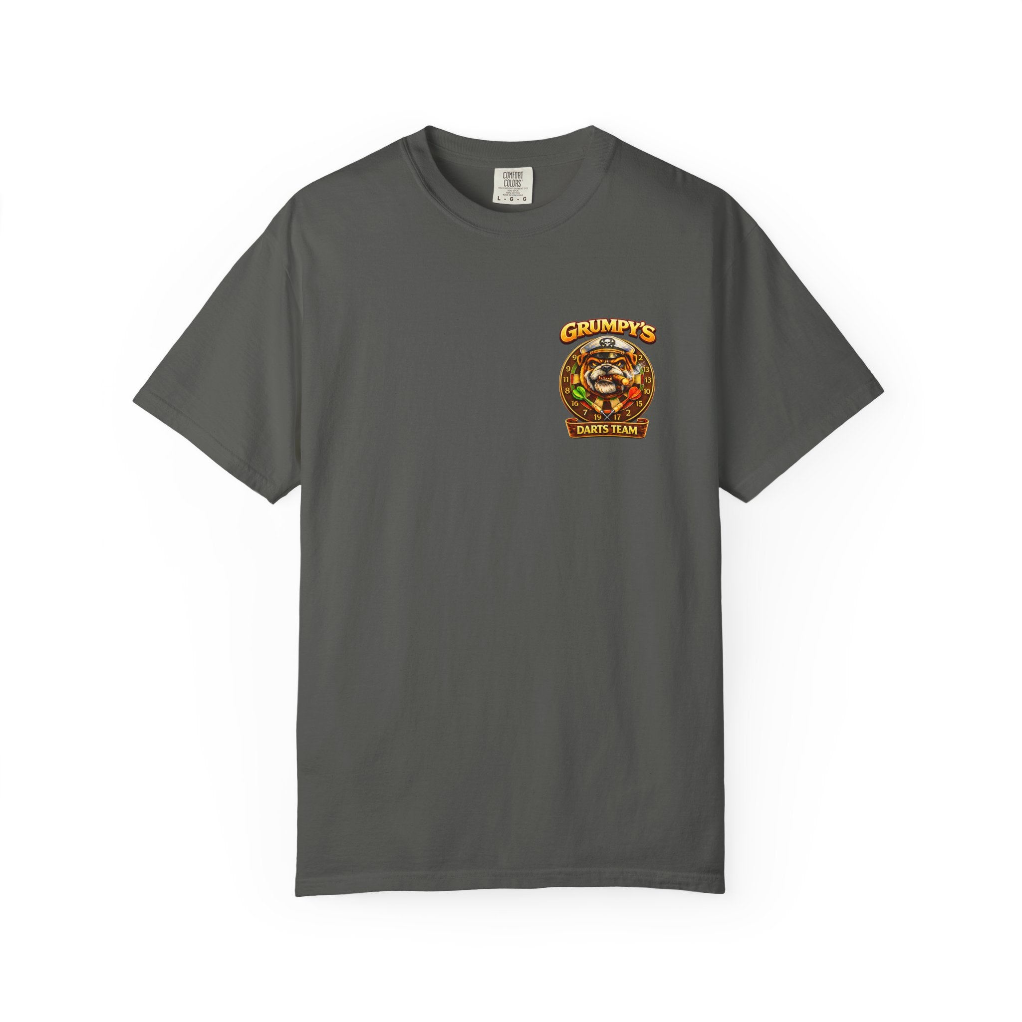 Gray t-shirt with a logo on the chest against a white background