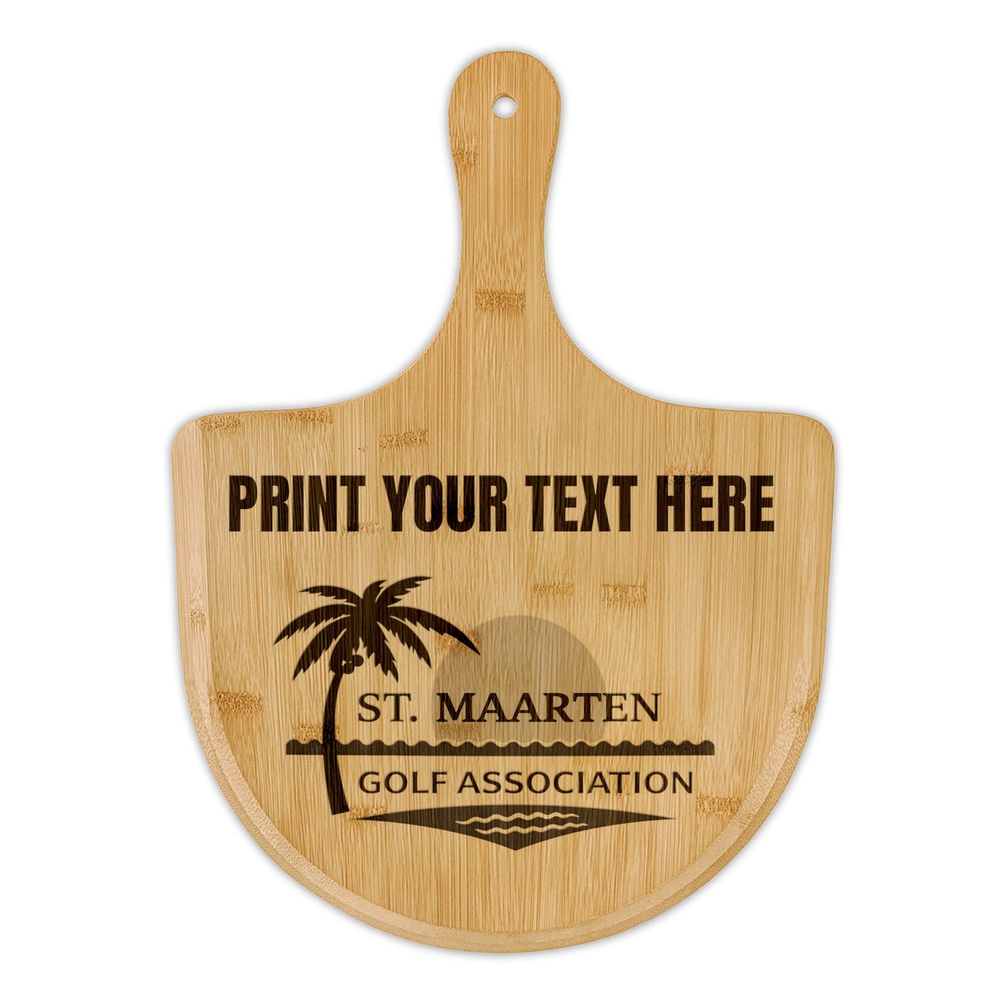 Wooden paddle board with text and palm tree design on a white background