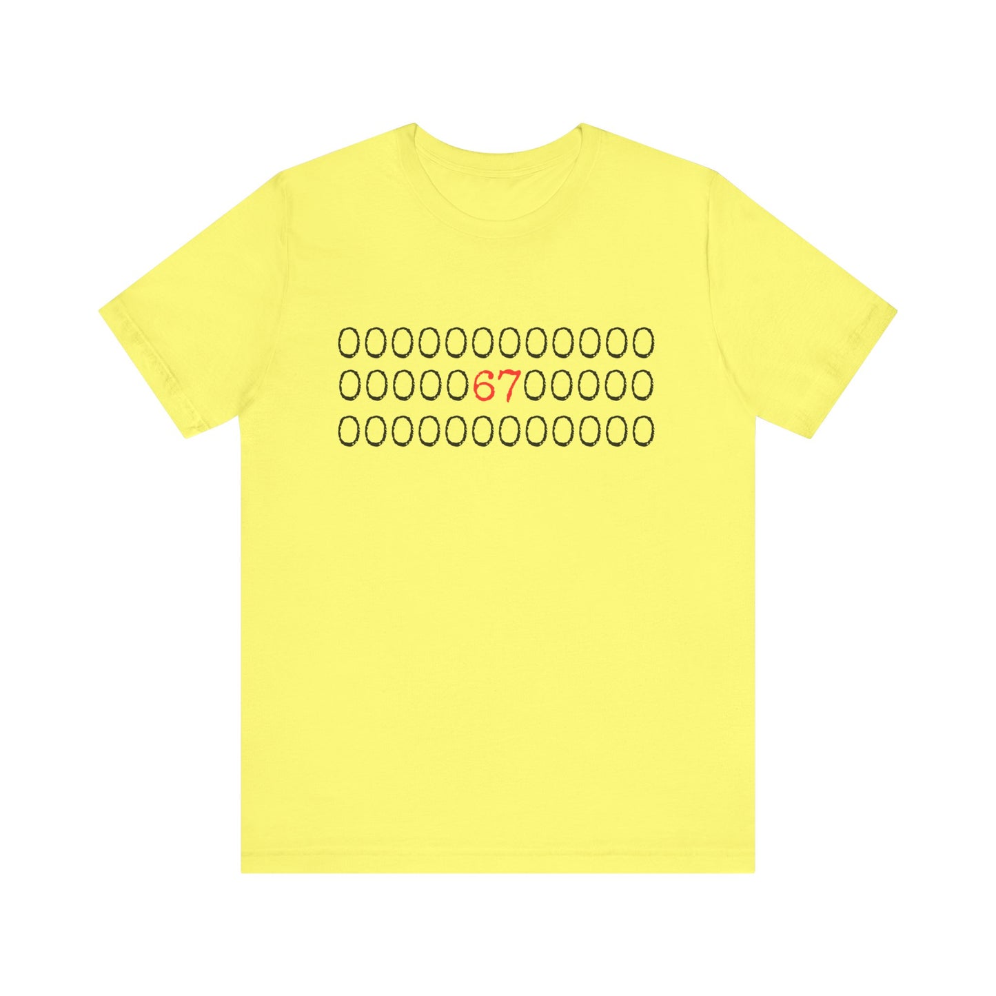 Yellow t-shirt with a pattern of red '67' on a white background