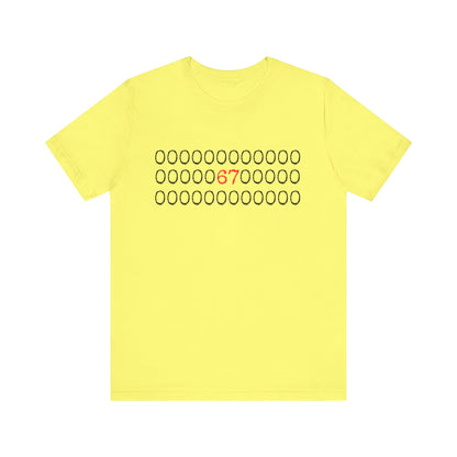 Yellow t-shirt with a pattern of red '67' on a white background