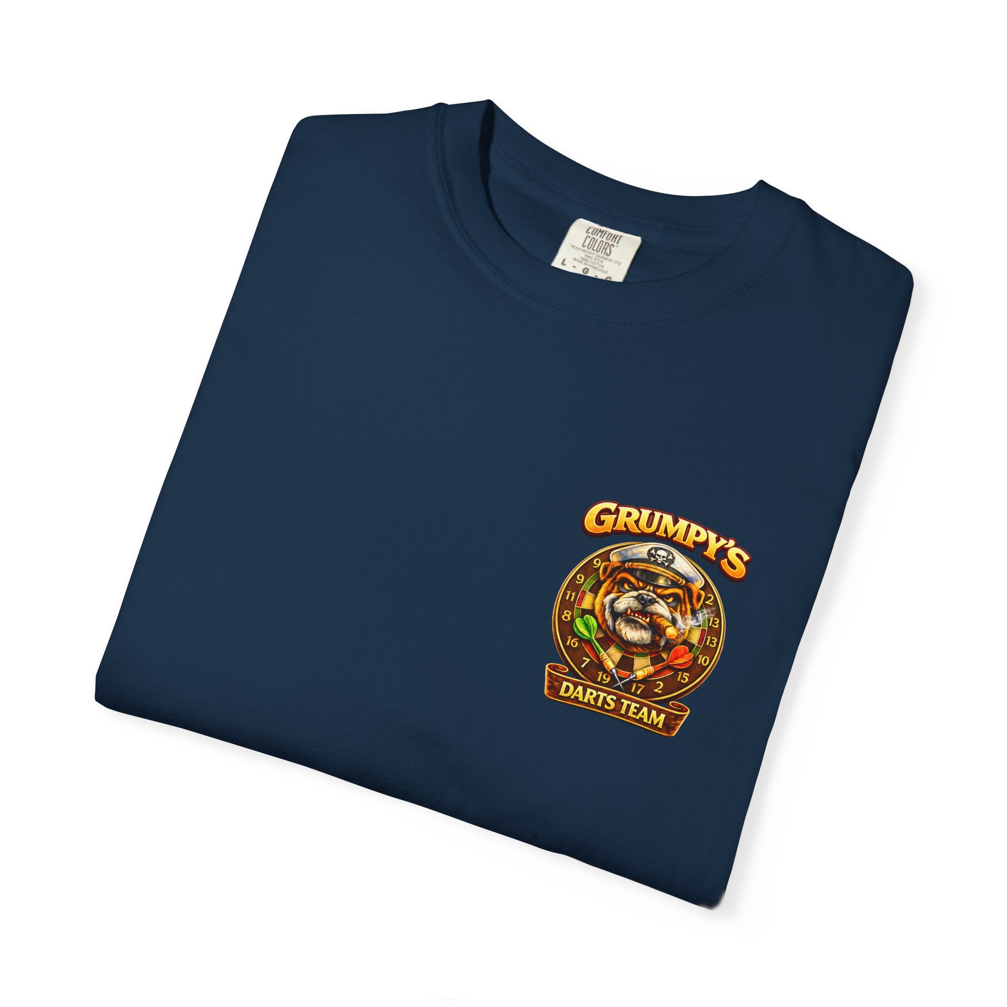 White Grumpy's Darts Team T-Shirt – Tropical Bulldog Tee, t-shirt product image 22, size XL.