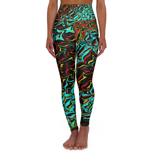 Colorful patterned leggings worn by a person on a white background