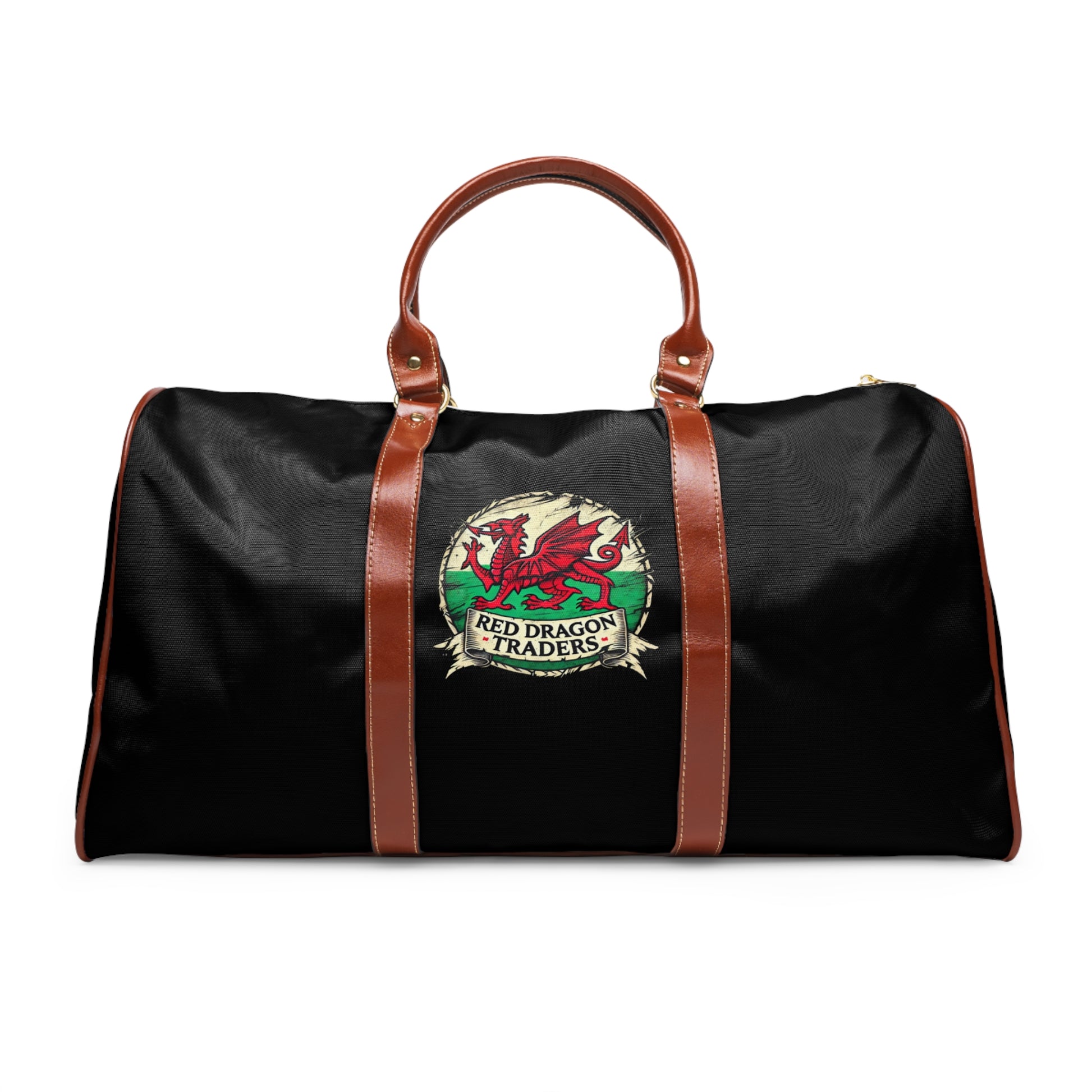 Black duffel bag with brown straps and Red Dragon Traders logo on a white background