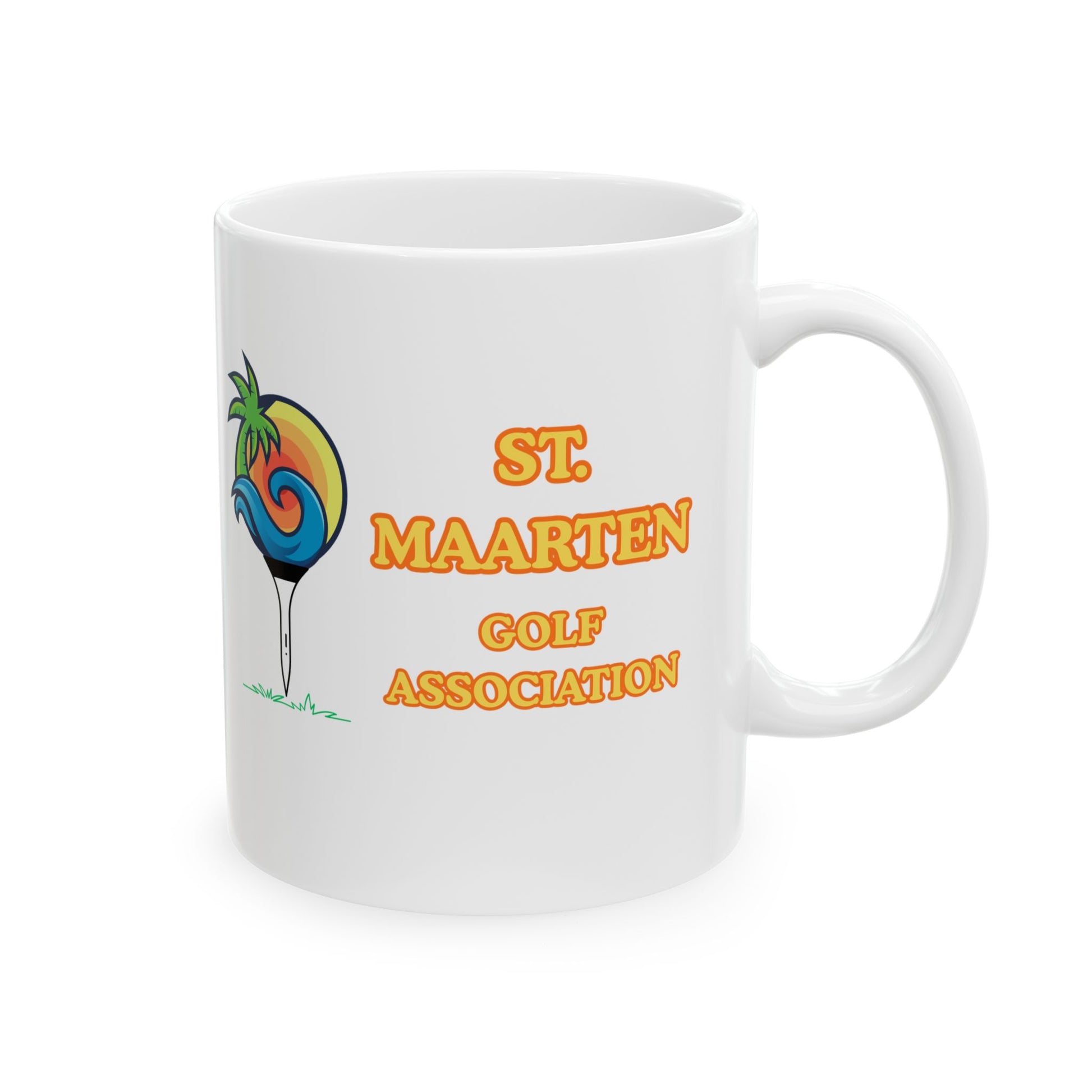 White mug with St Maarten Golf Association logo on a white background