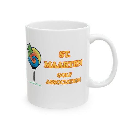 White mug with St Maarten Golf Association logo on a white background
