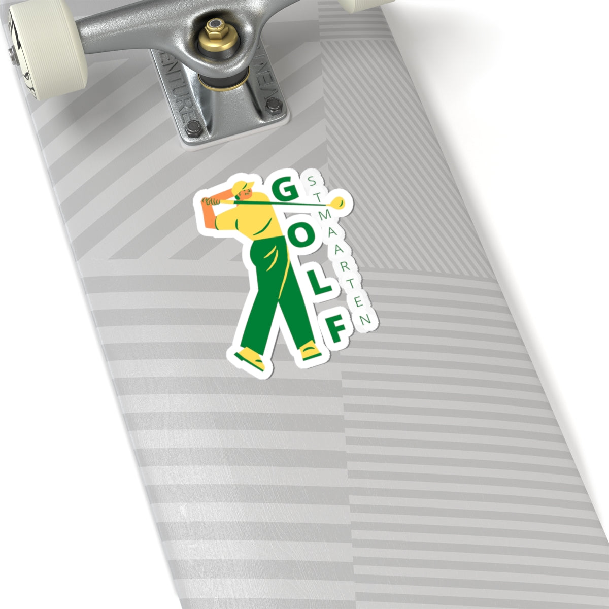 Skateboard with a golf-themed sticker on a white background