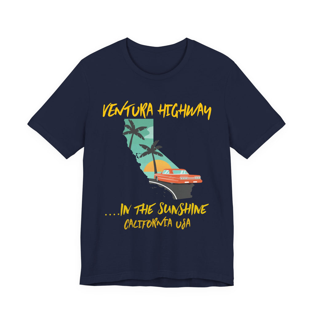 Navy t-shirt with a 'Ventura Highway in the Sunshine, California USA' graphic featuring the California map, palm trees, and a red convertible, on a white background