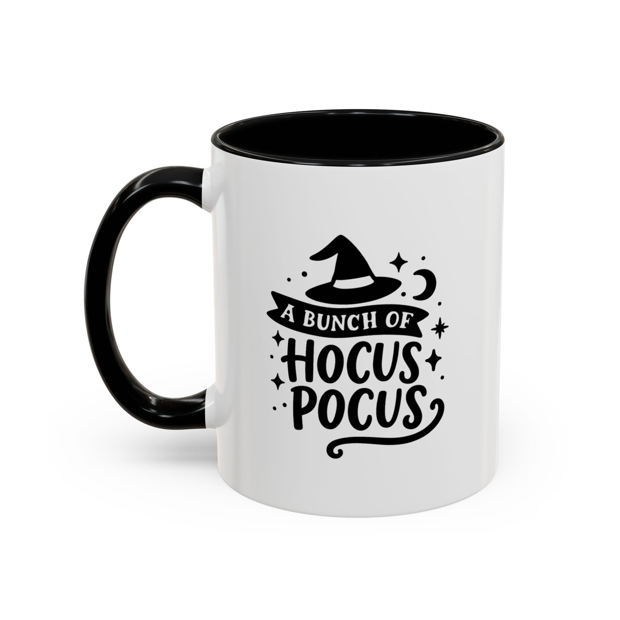 White two-tone coffee mug with a black handle and interior and a black 'A Bunch of Hocus Pocus' witch-hat design, on a white background