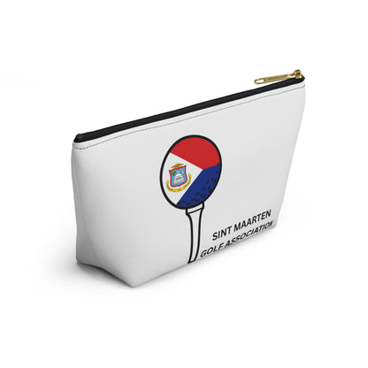 White pouch with a golf bag design featuring the flag of Sint Maarten on a white background