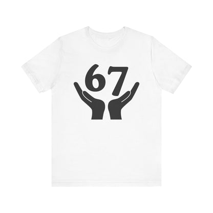 White t-shirt with black graphic of two hands holding the number 67 on a white background