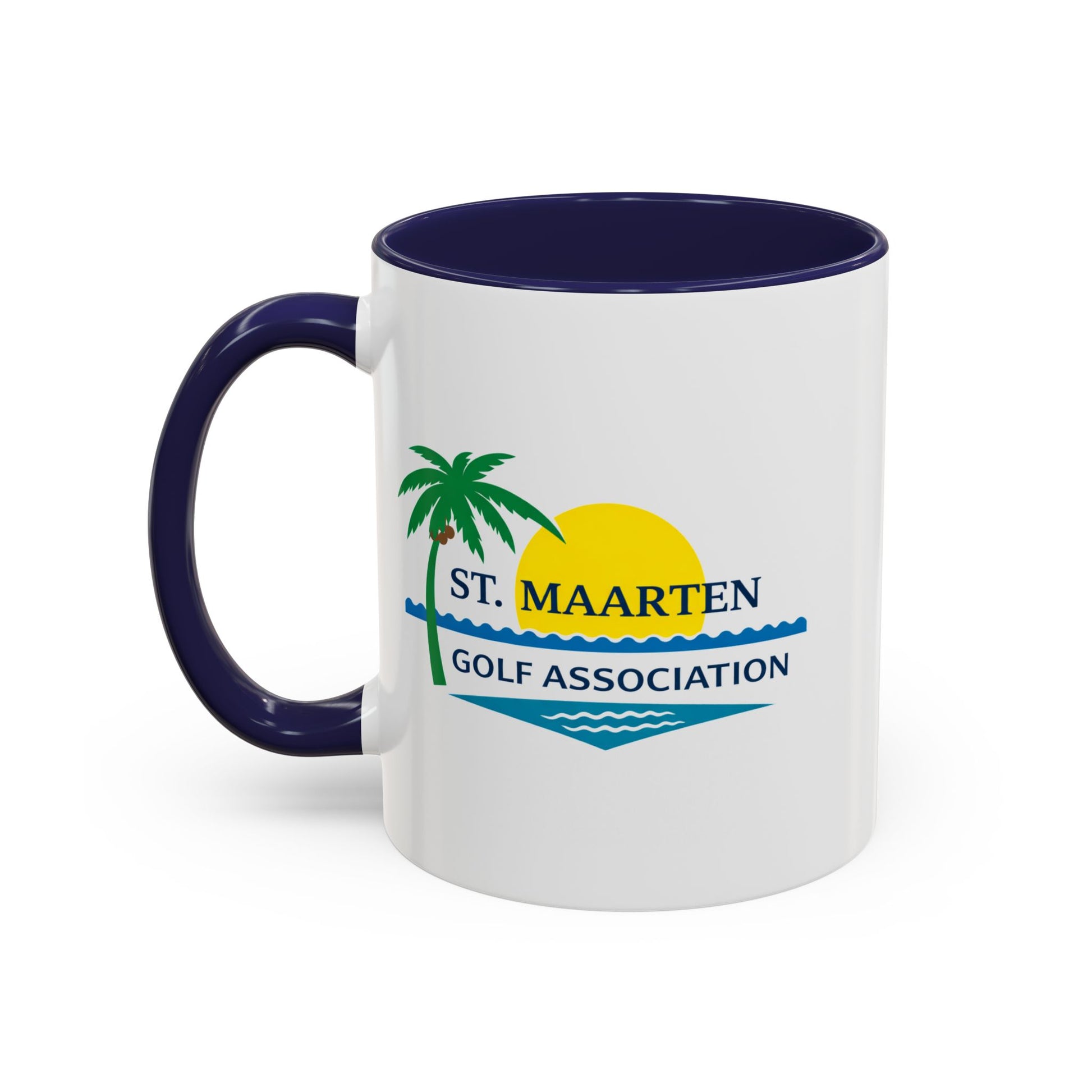 White mug with blue handle featuring St. Maarten Golf Association logo on a white background