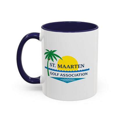 White mug with blue handle featuring St. Maarten Golf Association logo on a white background