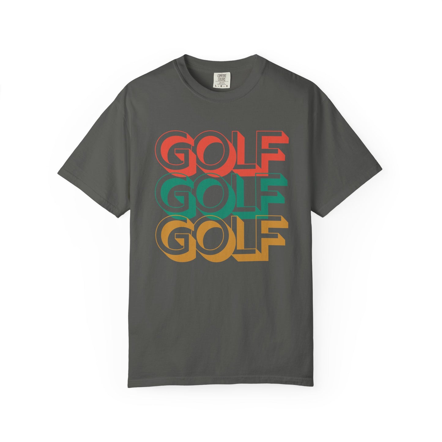 Gray t-shirt with 'GOLF' text in multiple colors on a white background