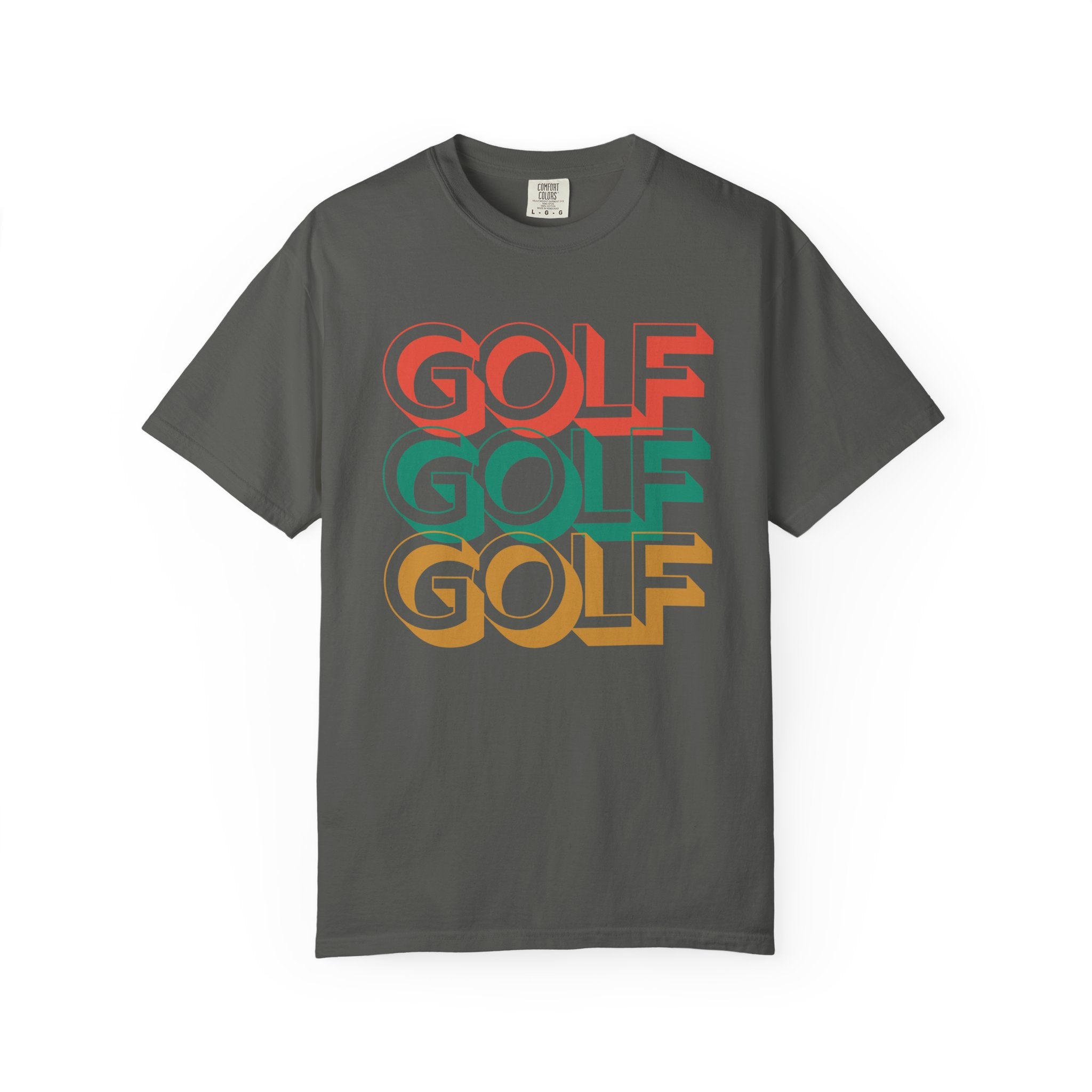 Gray t-shirt with 'GOLF' text in multiple colors on a white background