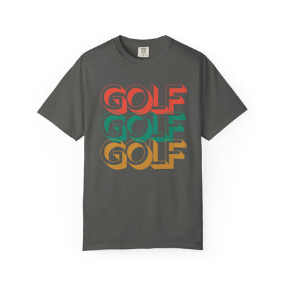 Gray t-shirt with 'GOLF' text in multiple colors on a white background